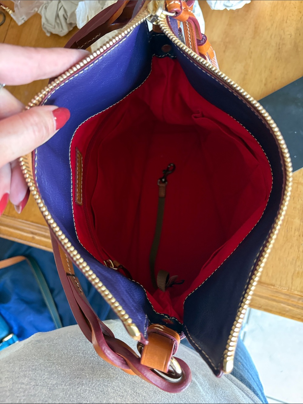 Dooney & Bourke Plum small Sloan pebbled Leather Shoulder Hobo with Tan Trim - Picture 8 of 9